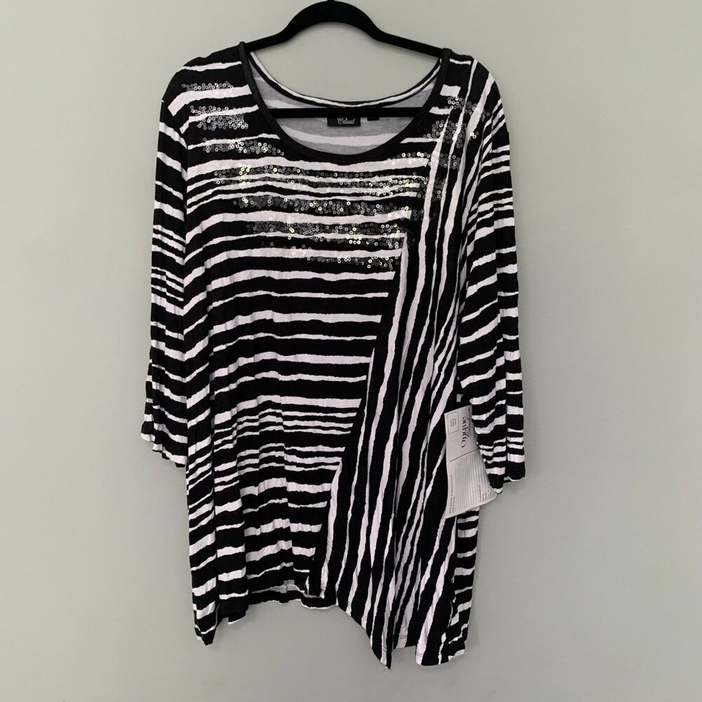 NEW Onque Casual Jersey Top Womens 3X Black White Striped Sequin Asymmetrical
